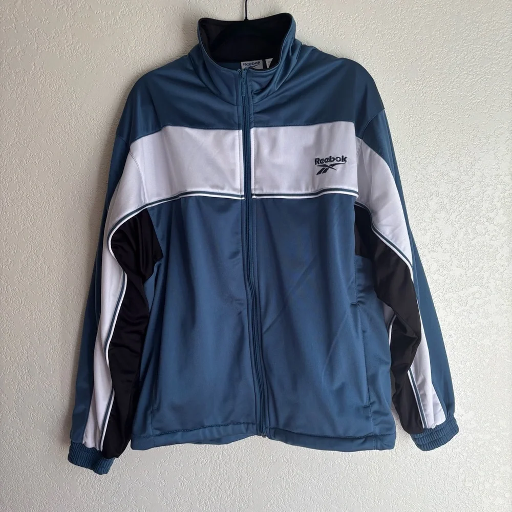 Vintage Reebok Jacket Mens Large White Blue Black Full Zip Pockets Track 90s